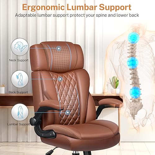 Miniatura 5 de Silla de oficina con brazos abatibles, silla ejecutiva de cuero de oficina ergonómica con soporte lumbar, reposacabezas ajustable, silla