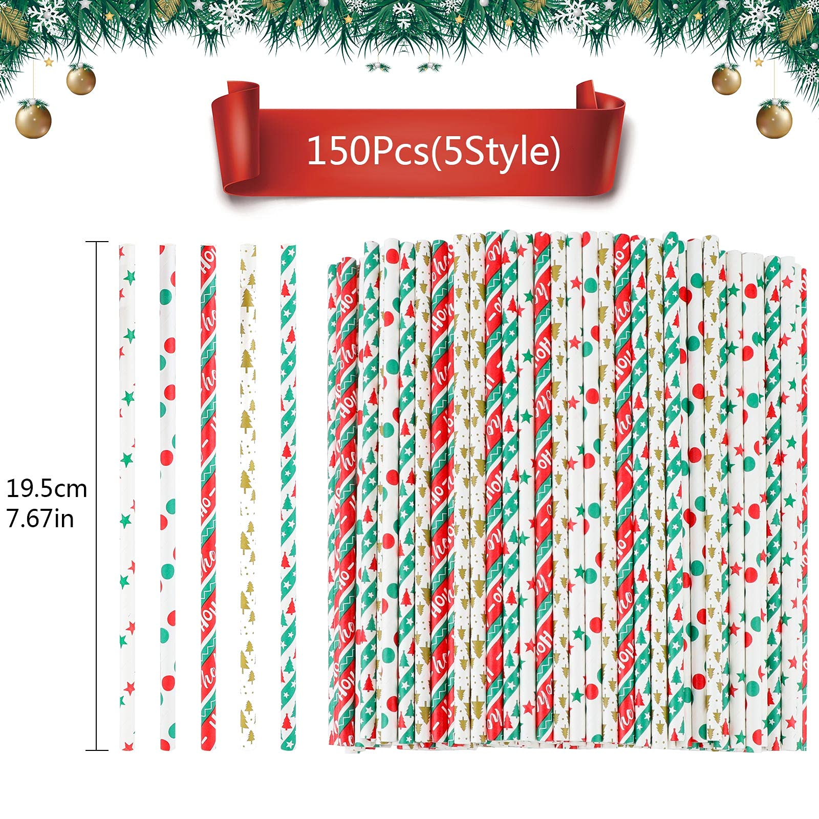 100 Pailles En Papier De Noël - Motifs Sapins Et Flocons - 6 Mm X 19,7 Cm - Multicolores - Pour Fêtes Et Déco