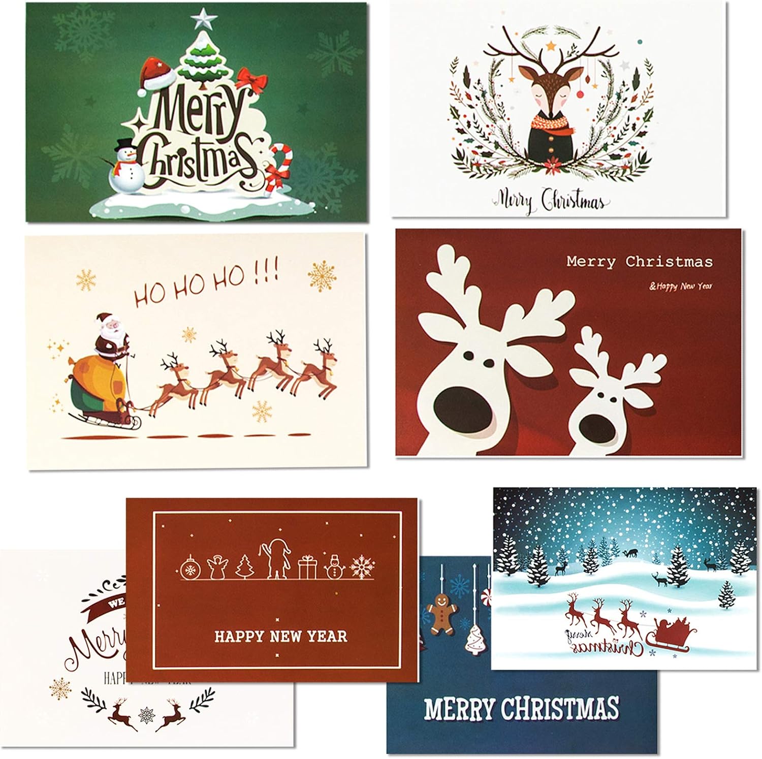 48 Pack Merry Christmas Cards with Envelopes, Winter Holiday Greeting Card, Festive Element Designs Penguin, Snowman, Santa, and Snowflakes, 4" x 6"