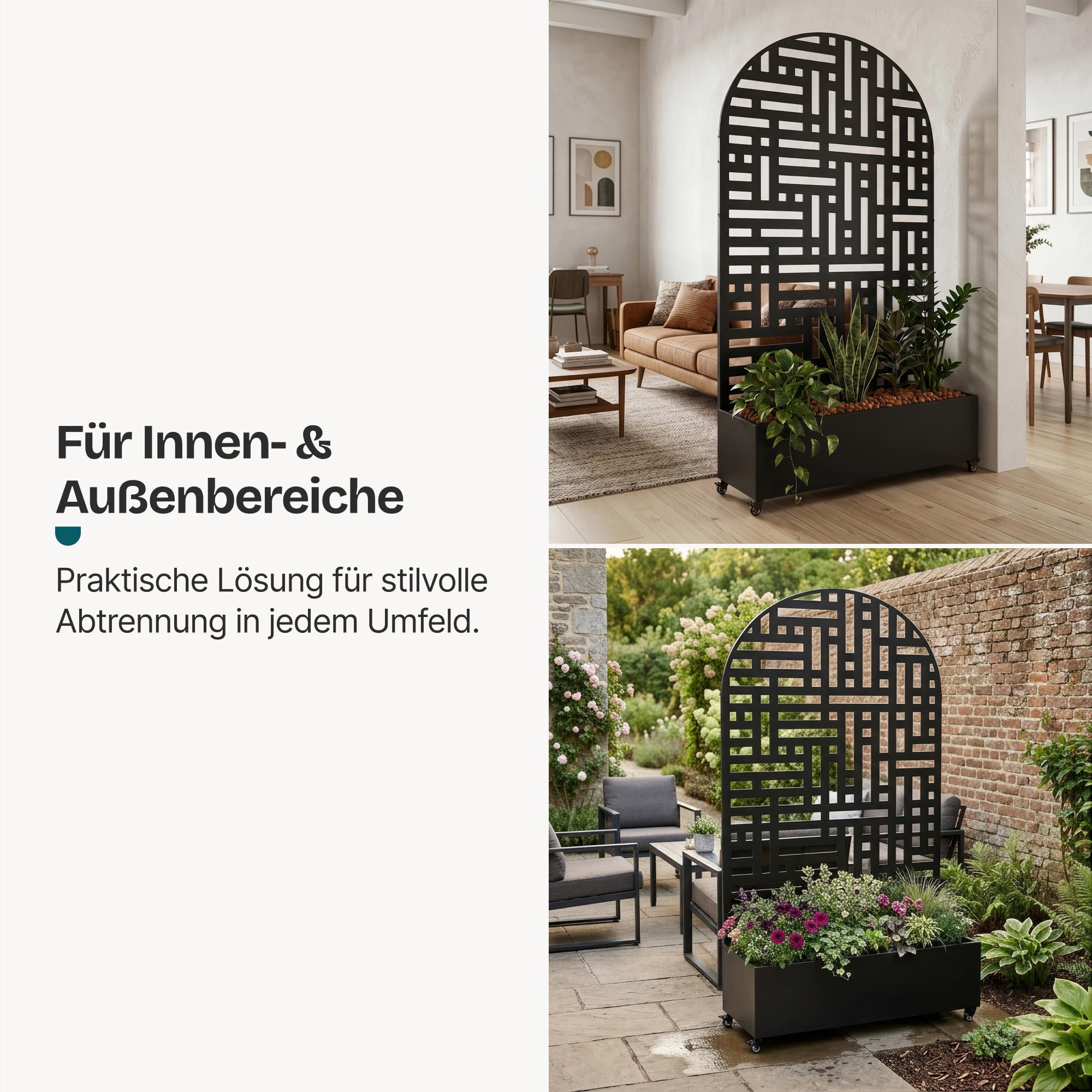 casa.pro Blumenkasten mit Sichtschutz Bernalda 190x120x38 cm Schwarz | Trennwand mit Rollen, Rundbogenform, Rankgitter, Metall, verzinkt, Balkon, Pflanzkübel hoch