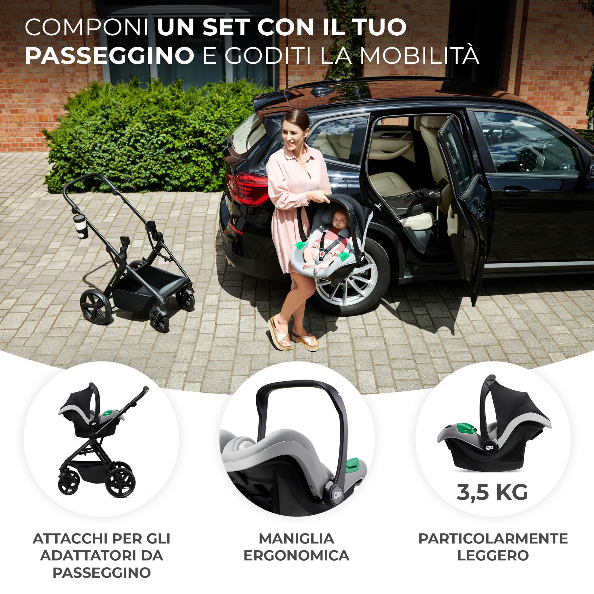 Kinderkraft 4 in 1 Trio Passeggino Neonati con Ovetto I-SIZE 40-75 cm, Base ISOFIX, Travel System, UPF50+, Grigio