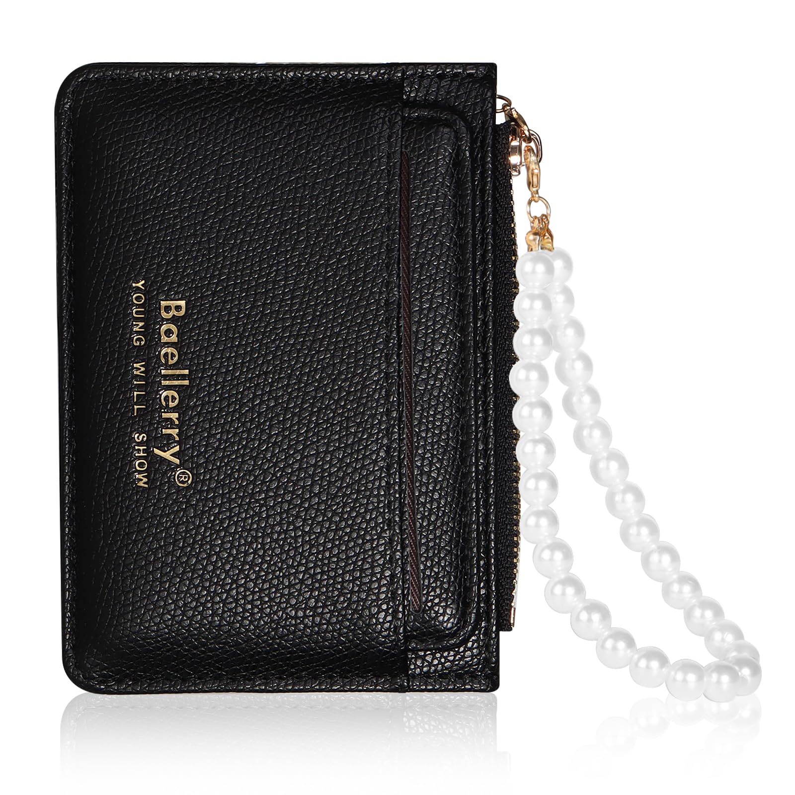 Small Wallet For Women,Slim Wallet Women Credit Card Holder RFID Blocking Pearl Wrist let Wallets with Zipper Pocket for women girls, Black, Small, Slim, Small-image-16
