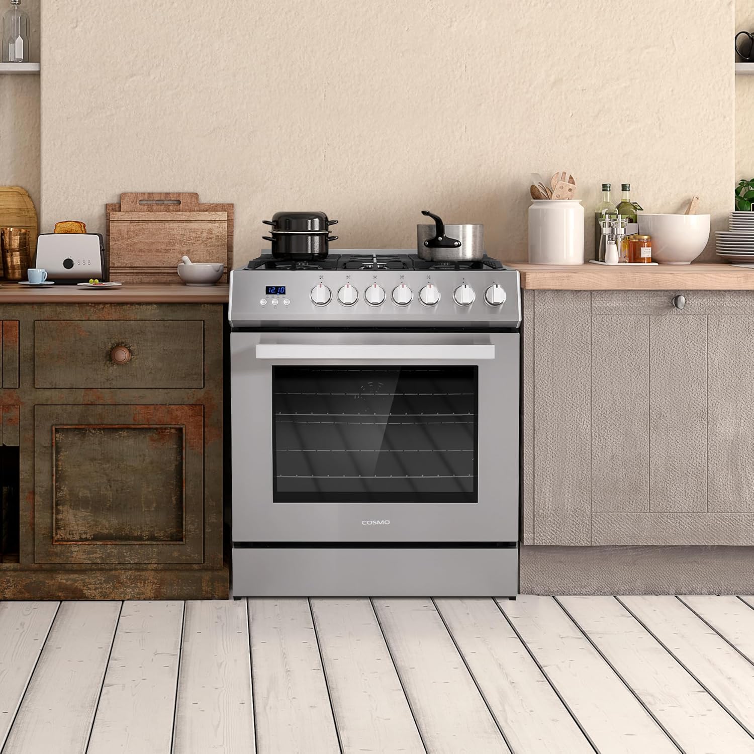 COSMO COS-305AGC 30 in. 5.0 cu. ft. Freestanding Single Oven Gas Range with 5 Burner Cooktop and Heavy Duty Cast Iron Grates in Stainless Steel