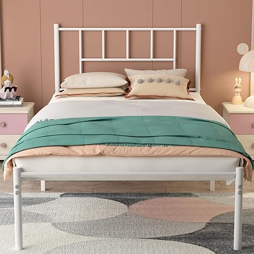 VECELO Marco de cama de plataforma de metal doble con cabecero, soporte de listones de acero resistente, almacenamiento debajo de la cama, no