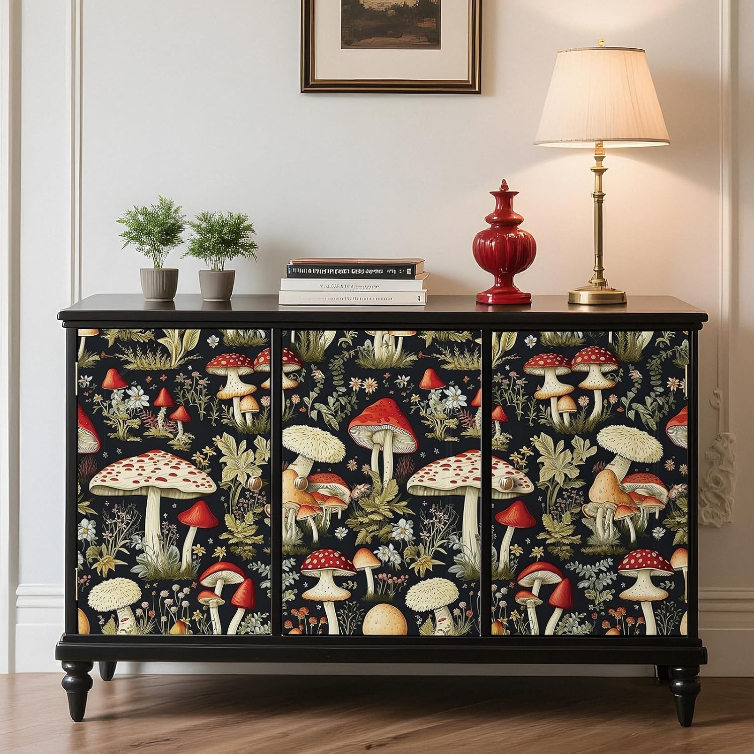 Livelynine Dark Mushroom Peel and Stick Wallpaper Boho Floral 17.5x276 Red Green Funny Alice in Wonderland Wallpaper Mural for Bedroom Walls Kitchen Black Mushroom Forest Contact Paper for Drawers