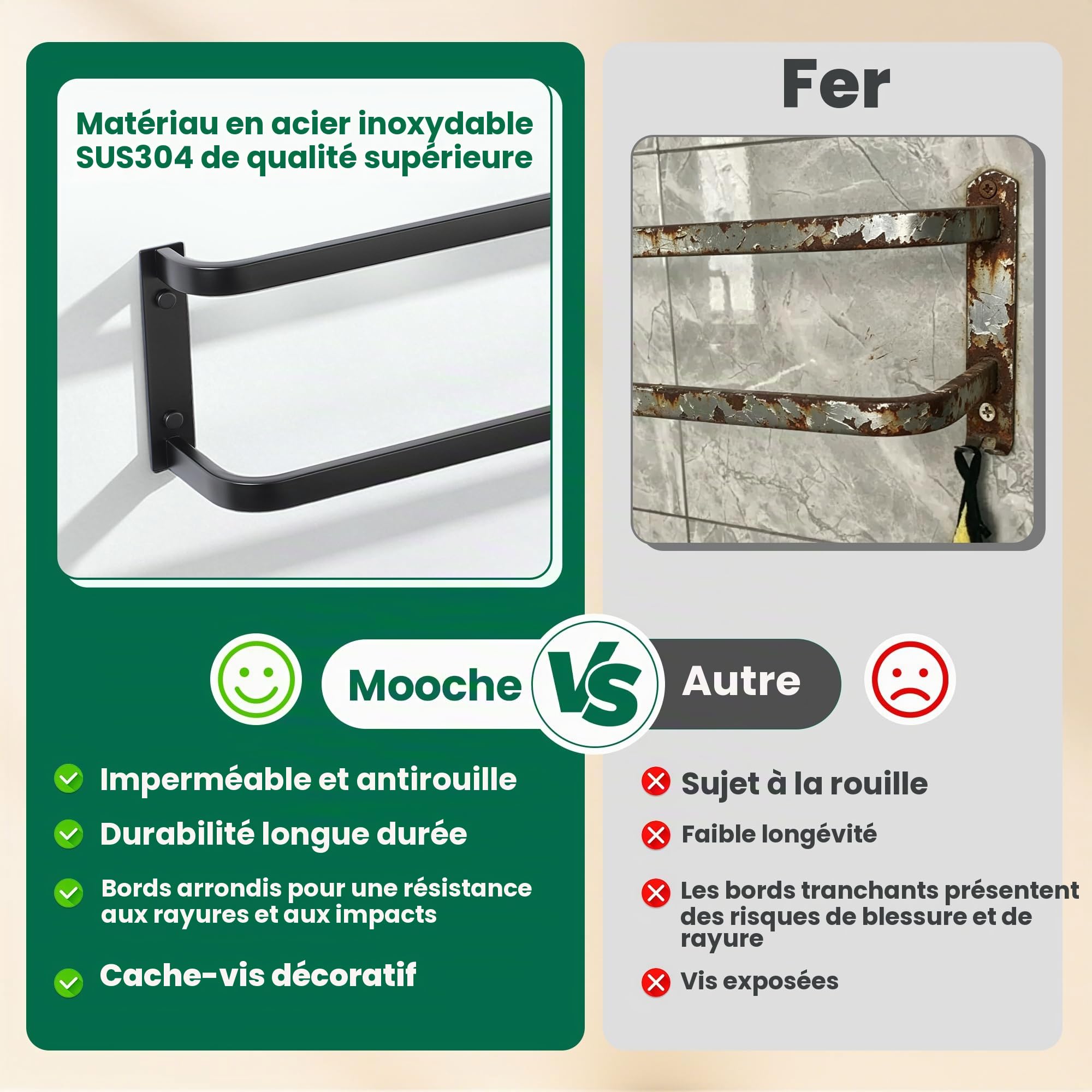 Mooche Porte-Serviettes Mural à 2 Niveaux, 60 CM, en SUS304, Noir | Barre Porte Serviette Pratique en Acier Inoxydable SUS304 Pour Cuisine et Salle de Bain, Facile à Installer