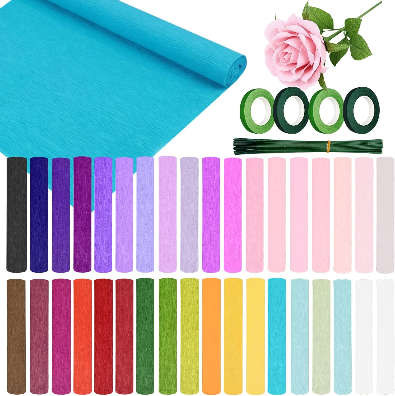 36 Rolls of 36 Color Crepe Paper 16 Inch x 295 ft Bulk Crepe Paper Sheets with 100 Flower Rods and 4 Rolls Tape for Flowers Making, Bouquet Wrapping Paper, DIY Carfts, Party (16 Inch x 8.2 FT/Roll)