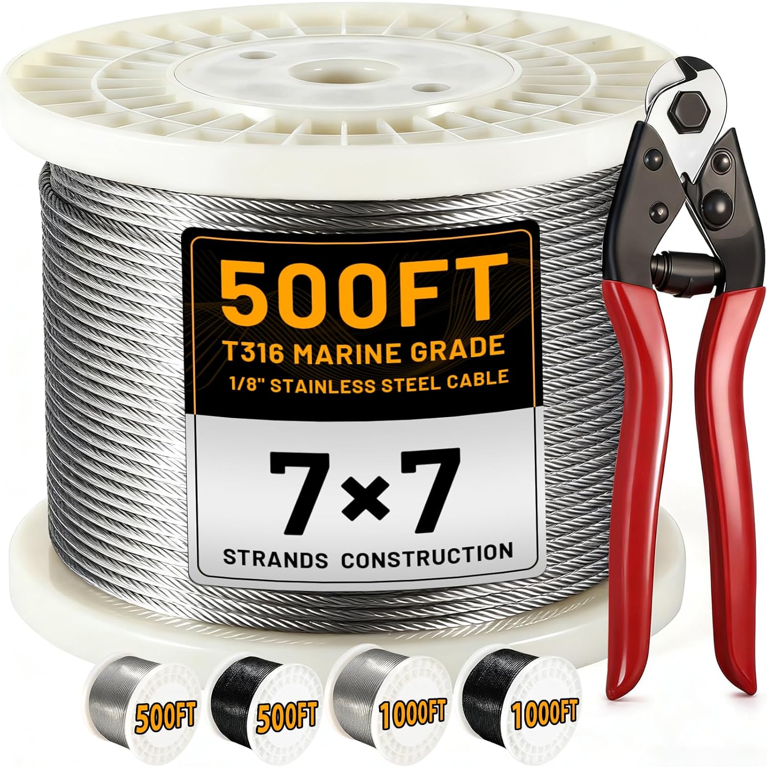 AHEONLAR 500FT 1/8" Stainless Steel Cable with a Cutter, T316 Wire Rope Cable for Deck Cable Railing Kit, 1850 lb Breaking Strength, 7x7 Strands Aircraft for Stair Fence Deck Railing, Silver