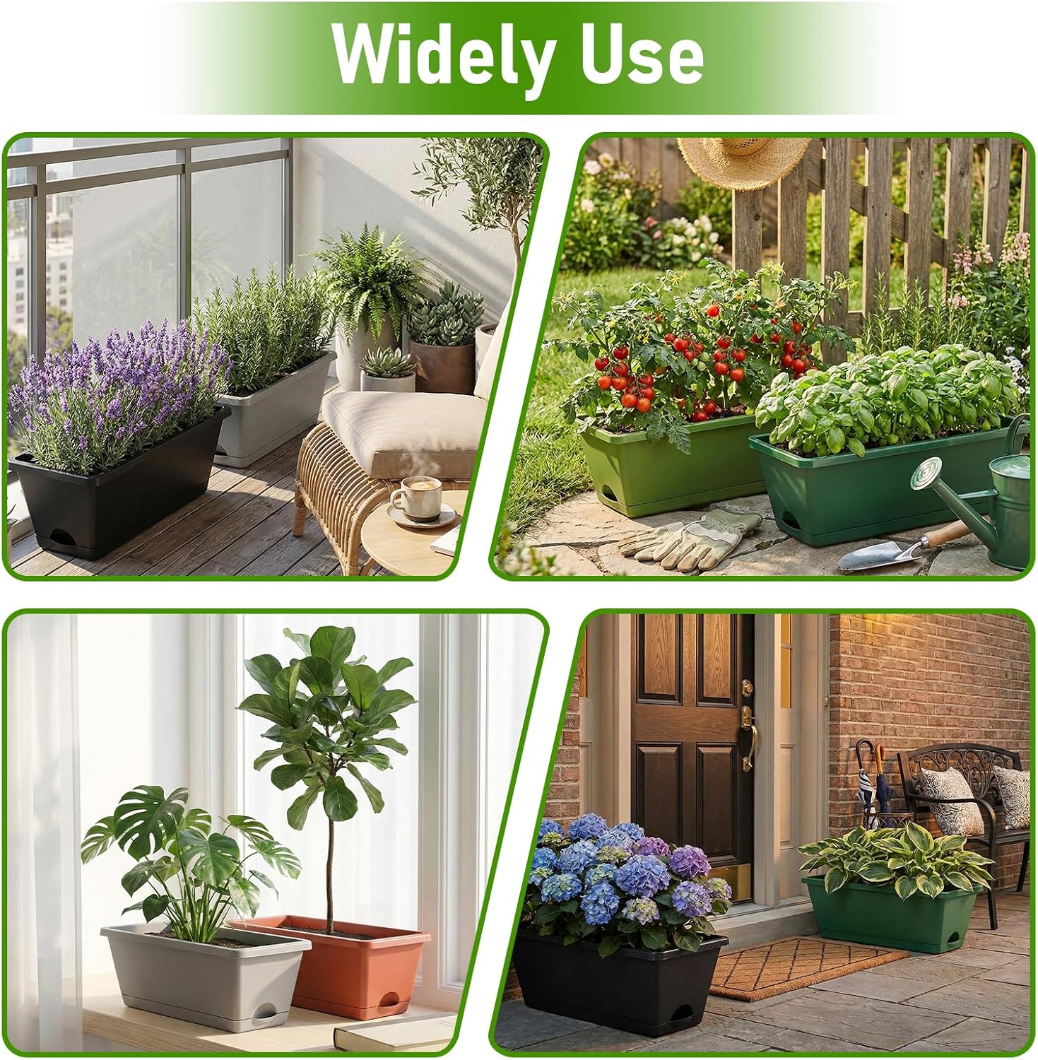 7 Pack Outdoor Planters, Plastic Rectangular Flower Pots with Saucers and Gardening Tools, 17 Inches for Indoor/Outdoor Plants, Herbs, Vegetables, Includes Trowel, Waterproof Mat & Gloves(Offwhite)
