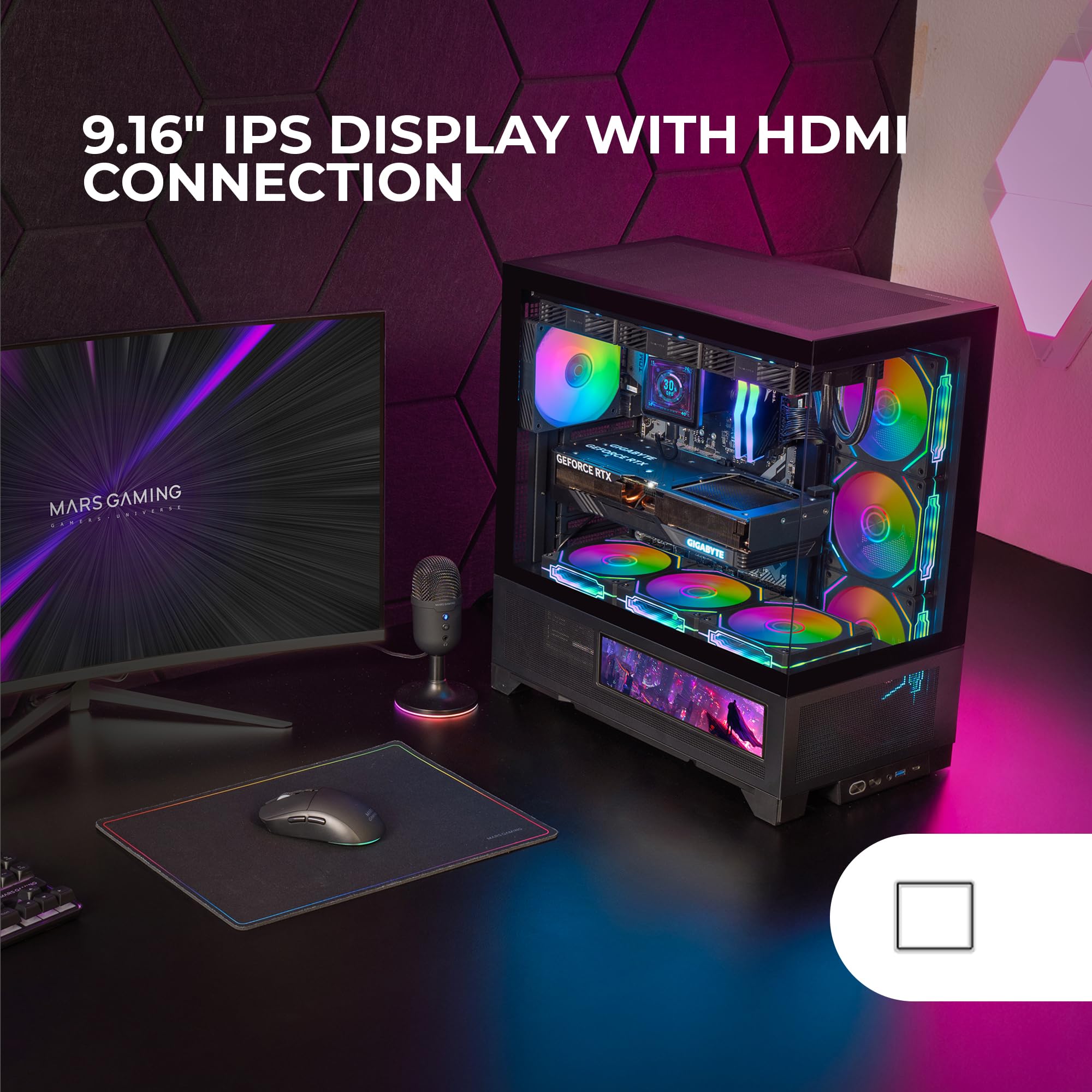 Mars Gaming MC-LCDX, Obudowa Gamingowa ATX, Zintegrowany Ekran IPS 9.16" i Złącze HDMI, Ciągłe Hartowane Szkło, Dolny Panel Full Mesh, Podwójna Komora, Wsparcie Chłodzenia Wodnego do 360mm, Czarny
