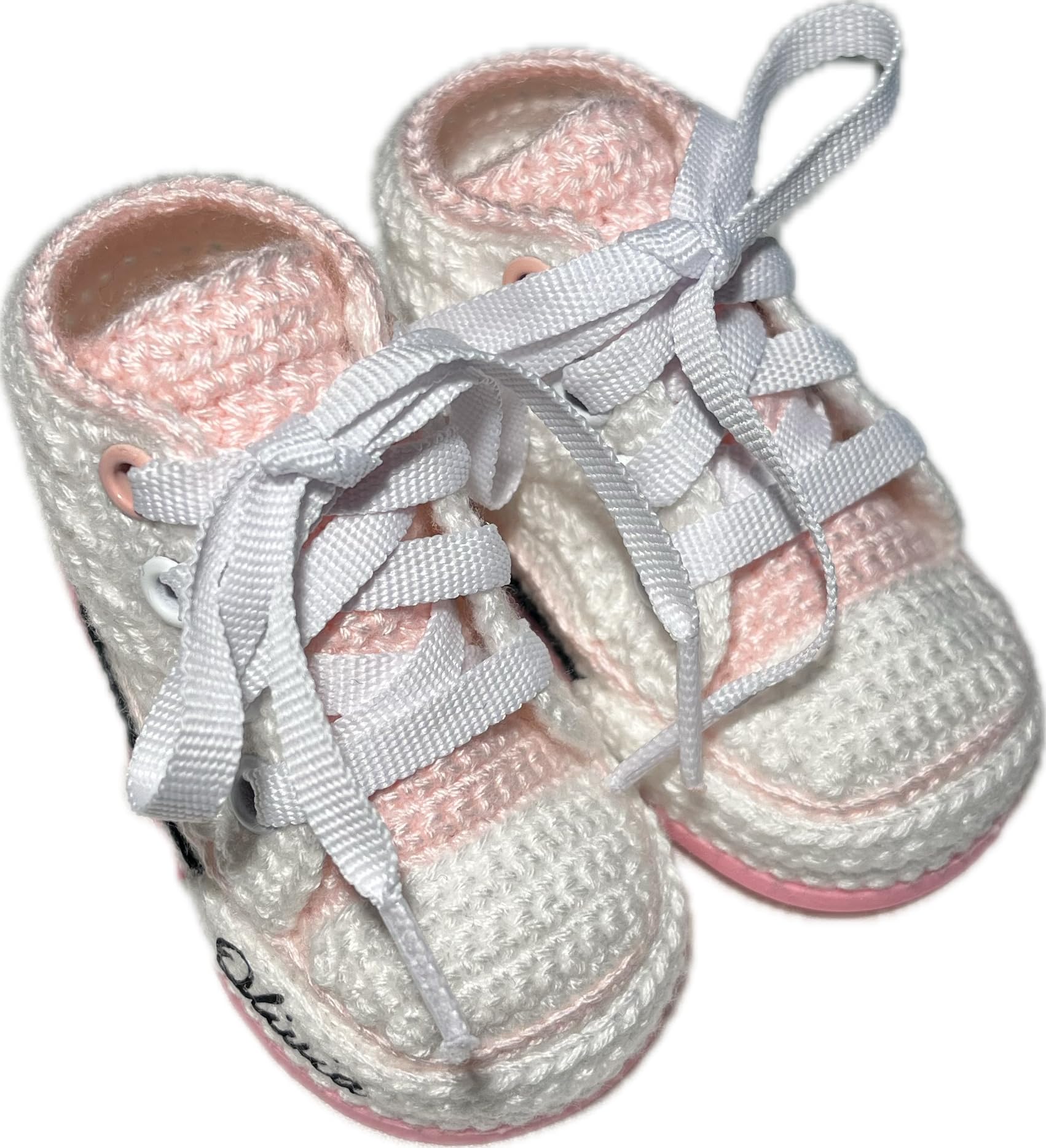 Scarpine Neonati all'Uncinetto, Sportive Alte con Linguetta Colorata, Bianco e Rosa, 0-12 Mesi, Personalizzazione Nome Gratuita