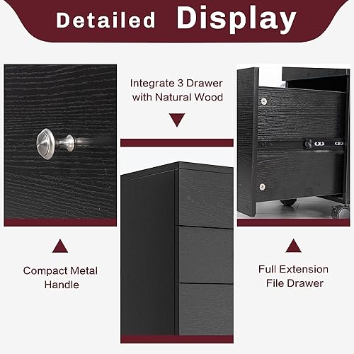 Miniatura 7 de Shintenchi Archivador vertical de madera de 3 cajones, archivador móvil debajo del escritorio con agujeros para riel colgante para archivo