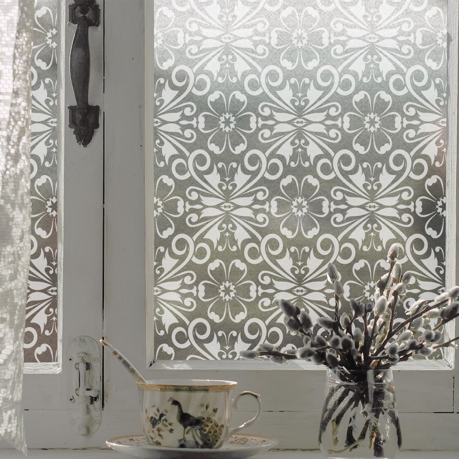 ChicSkin Window Film Privacy, Faux Etched Effect Window Film, Static Cling No Glue Window Clings for Kitchen Bathroom Office Bedroom Blooming Floral Patterns 43x100cm