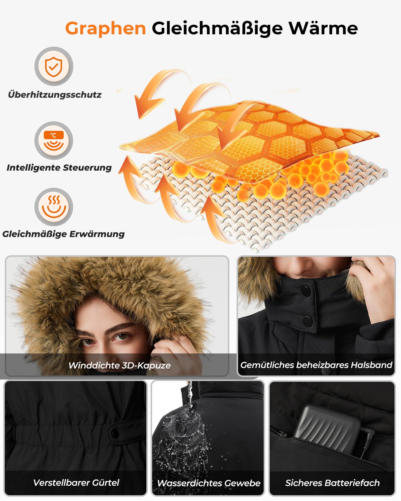 Beheizbare Jacke Damen mit Powerbank 12V 18400mAh, 8 Heizzonen Heizjacke mit 3 Temperaturstufen,Wasserdicht Warme Wintermantel mit Abnehmbar Kapuze, Winddicht Lang Parka zum Skifahren