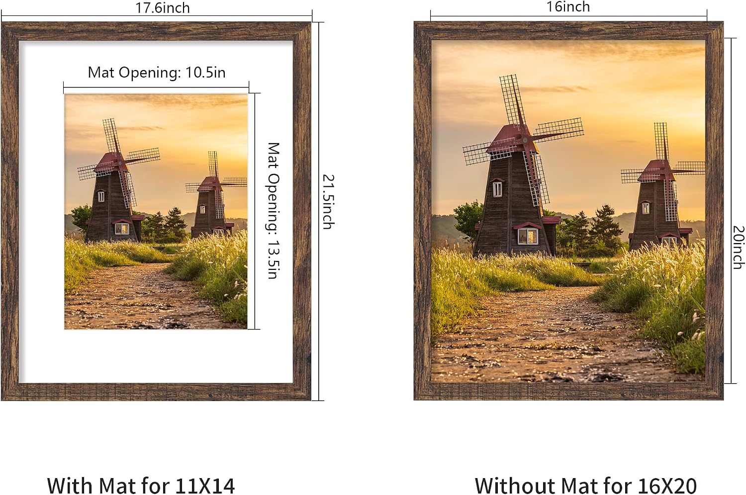 16x20 Picture Frame 5 Pack, Rustic Brown Poster Frame, Display Pictures 11 x 14 with Mat or 16 x 20 Without Mat for Horizontal or Vertical Wall Mounting, Wall Gallery Frame for Artwork Certificate