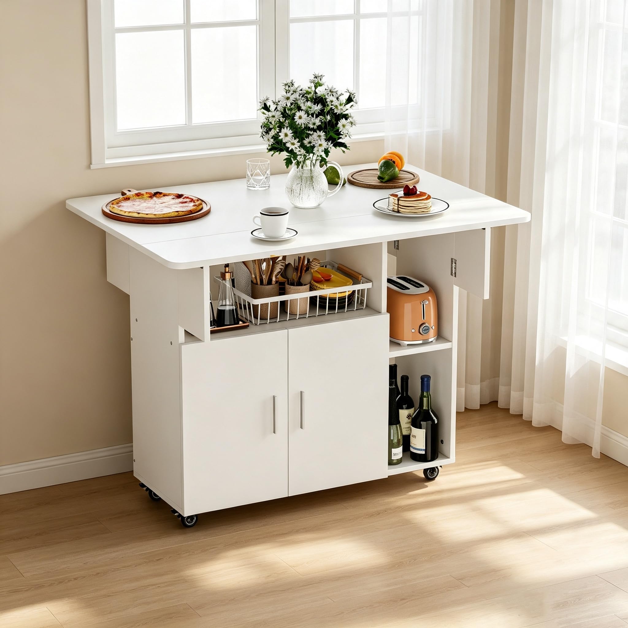 Table à Manger Pliante, Mobile Table de Cuisine avec roulettes pour 6 Personnes avec 1 Grande Armoire et 3 Compartiment Ouvert, pour Petits espaces, Salle à Manger, 100 x 70 x 79 cm Blanc