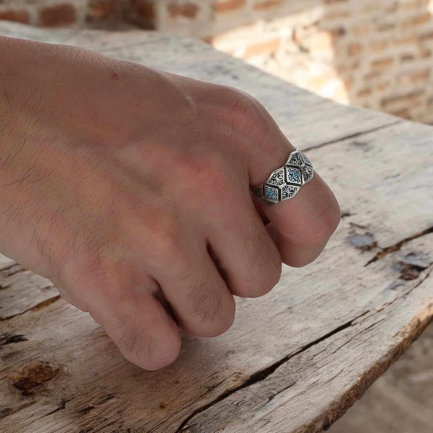 Victorian Style Mens Vintage Ring, Handmade Turquoise Stone Wedding Ring, 925 Sterling Silver Ring for Men, Engagement Ring, Silver Wedding Band for Men, Vintage Promise Band, Men Wedding Bands, Gift for Men