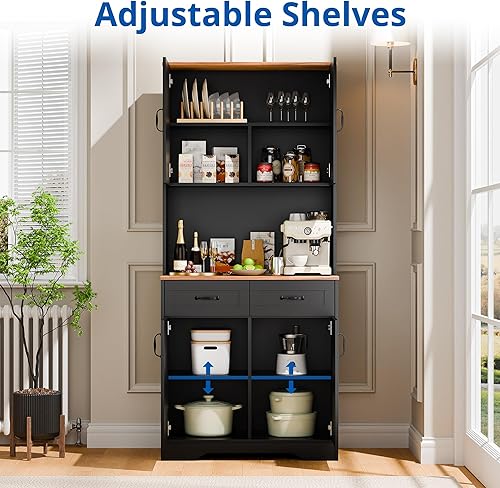 Miniatura 4 de Cozy Castle Armario de despensa, gabinete de cocina de granja con cajones de almacenamiento, barra de café independiente, aparador de licor, armario