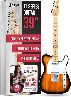 LyxPro 39” Electric Guitar TL Series, Full-Size Paulownia Wood Body, 3-Ply Pickguard, C-Shape Neck, Ashtray Bridge, Quality Gear Tuners, 3-Way Switch & Volume/Tone Controls, 2 Picks Included, Sunburst