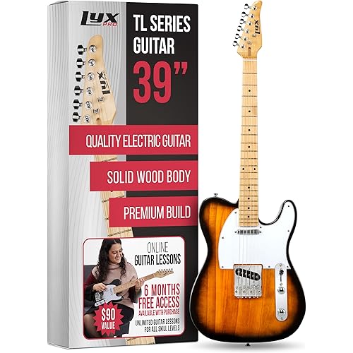 LyxPro 39” Electric Guitar TL Series, Full-Size Paulownia Wood Body, 3-Ply Pickguard, C-Shape Neck, Ashtray Bridge, Quality Gear Tuners, 3-Way Switch & Volume/Tone Controls, 2 Picks Included, Sunburst
