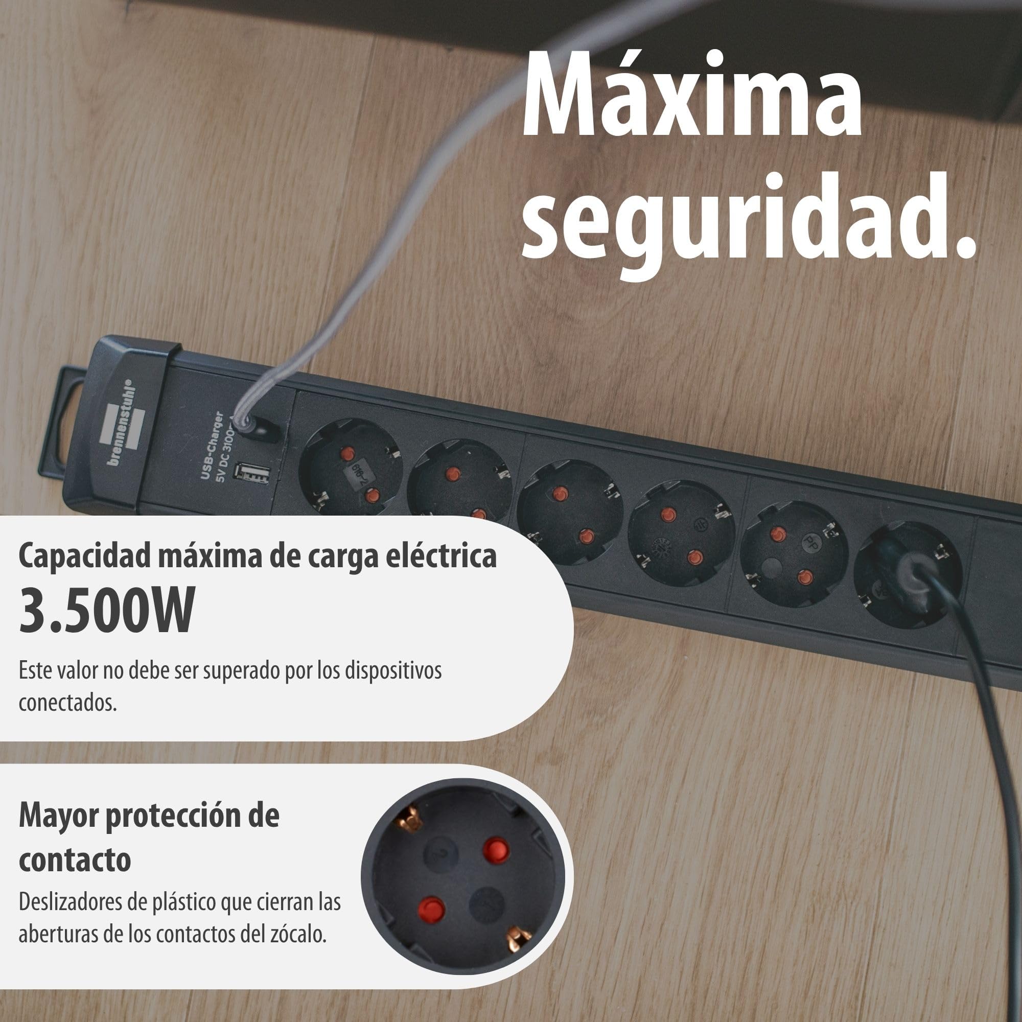 Brennenstuhl Premium-Line regleta de enchufes con 6 Tomas de Corriente y USB (Cable de 3m, Carga USB, Interruptor, montable, Fabricado en Alemania) Negro