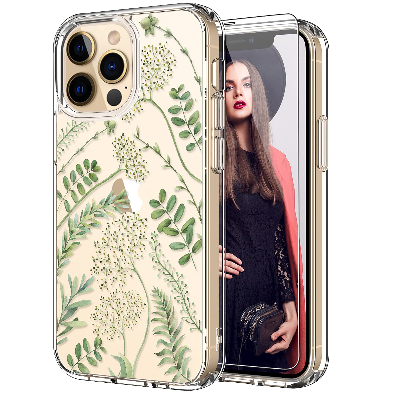 ICEDIO for iPhone 13 Pro Case with Screen Protector,Slim Fit Crystal Clear Cover with Fashionable Designs for Girls Women,Protective Phone Cover Green