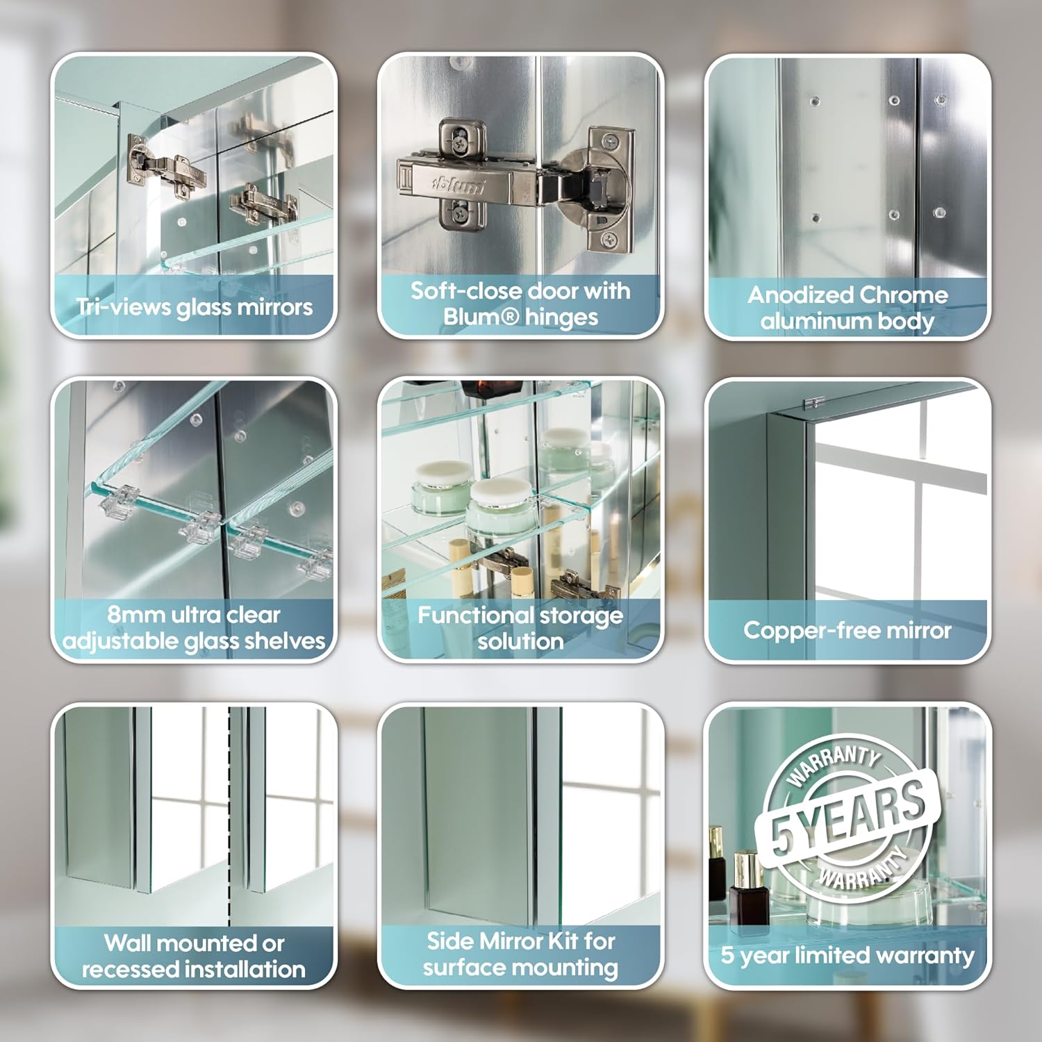 WELLFOR 44" x 36" Bathroom Medicine Cabinet with Mirror, Anodized Chrome Aluminum Frame, Surface Mount or Recessed Medicine Cabinet with Mirror, Bathroom Mirror with Storage, Three Doors