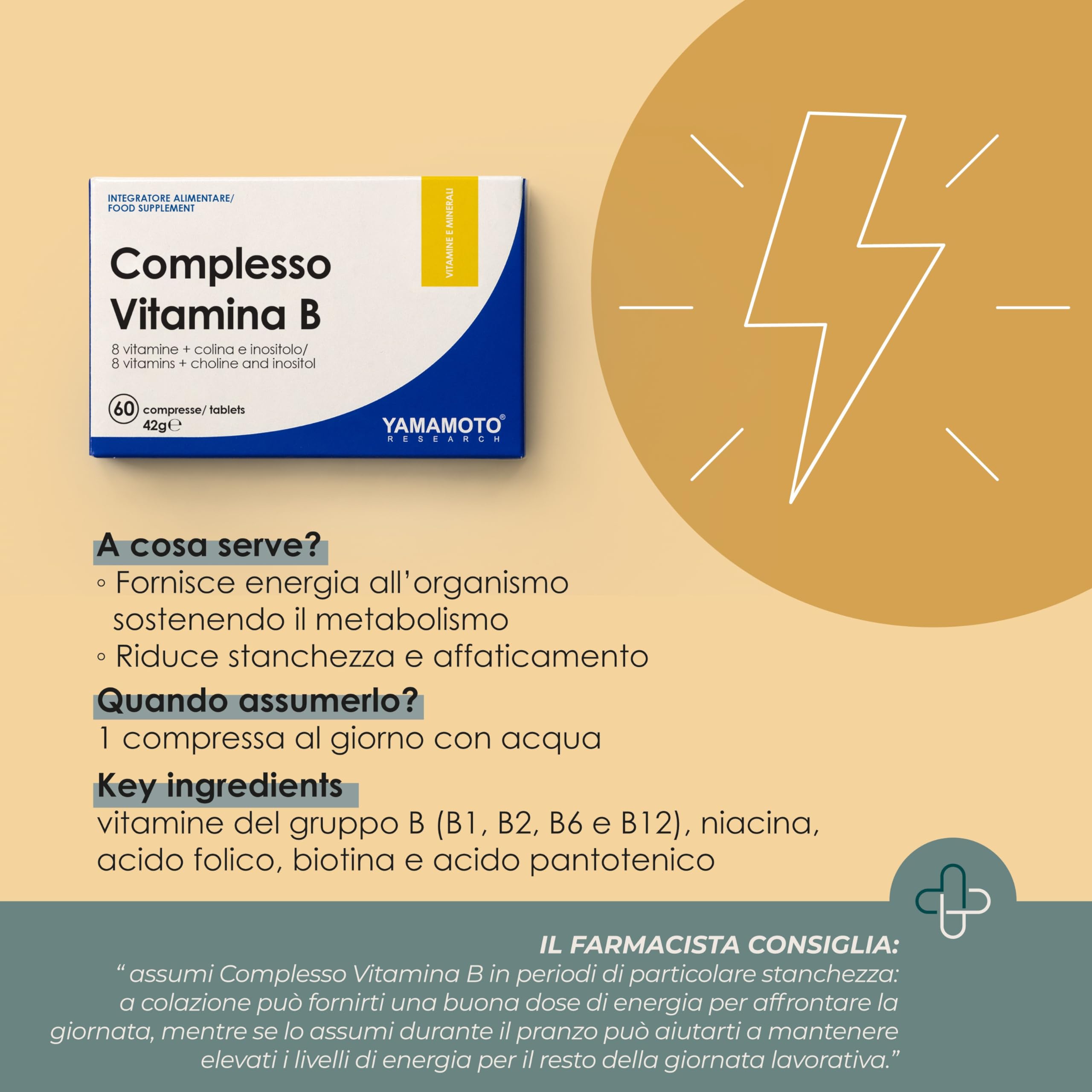 YAMAMOTO RESEARCH, Complesso Vitamina B 60 compresse, Integratore Alimentare di 8 Vitamine con Colina e Inositolo, Supporta il Sistema Nervoso, Fornisce Energia e Mantiene il Tono Muscolare