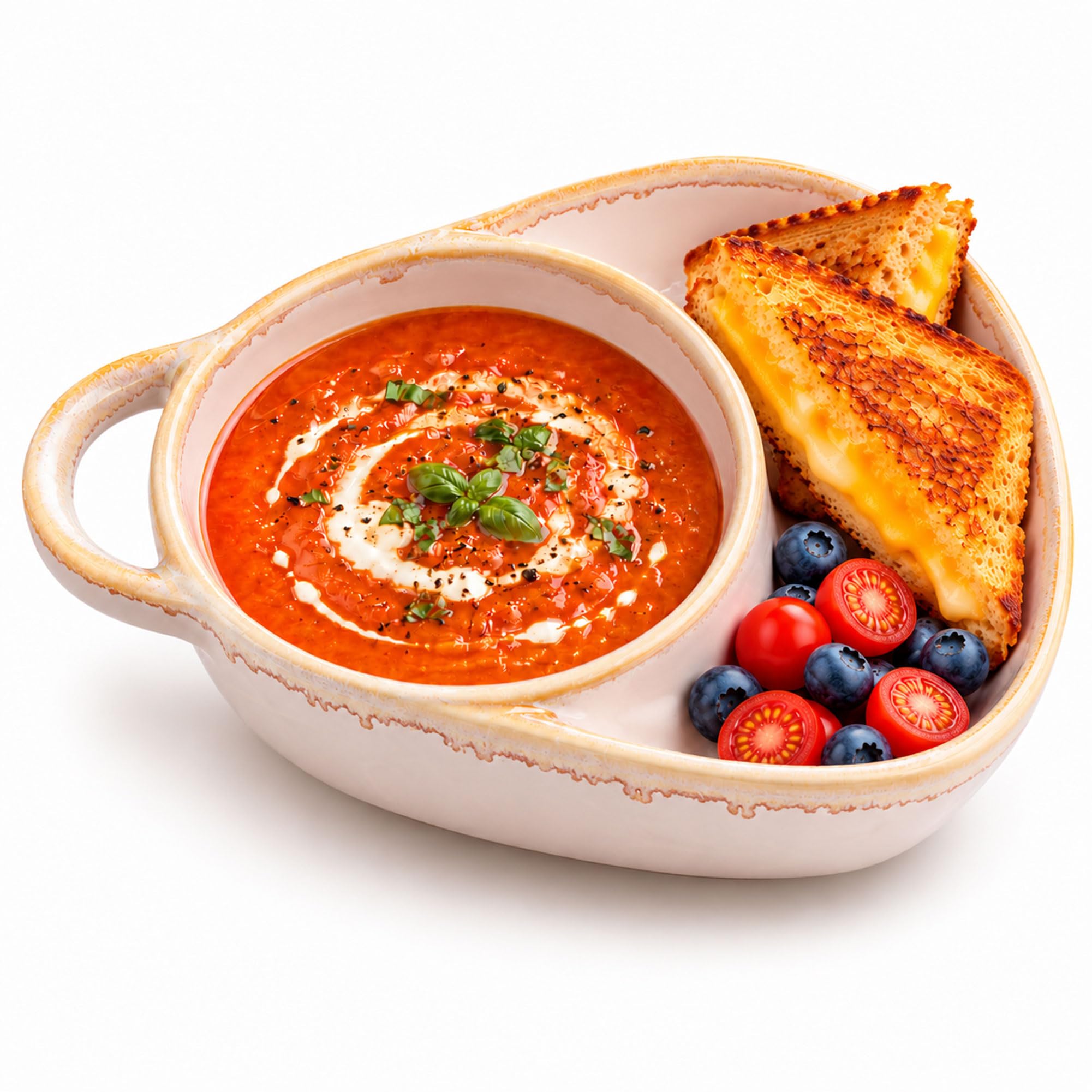 Nimedala Soup and Sandwich Bowl, Ceramic Divided Soup and Sandwich Plate Combo with Side Compartment and Bread Holder (White)