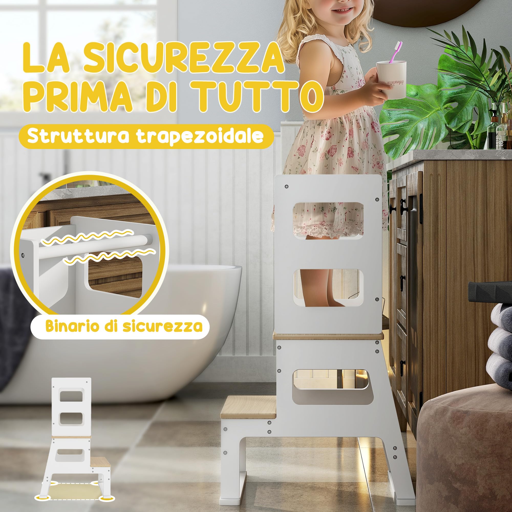 AIYAPLAY Torre de Aprendizaje 2 en 1 Taburete de Aprendizaje para Niños de 3-6 Años con Pizarra y Barrera de Seguridad para Baño Cocina 55x52,5x87,5 cm Blanco