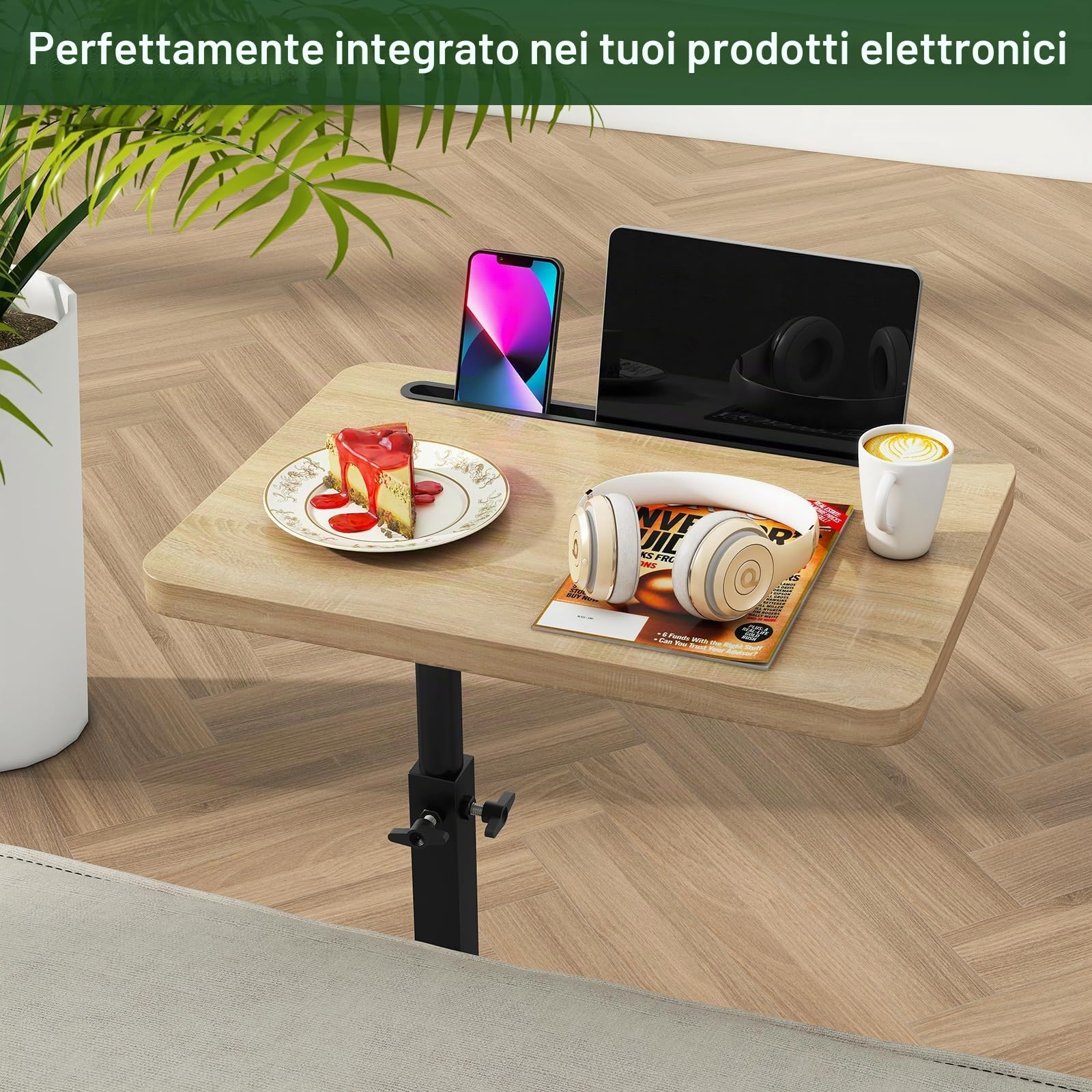 IBUYKE Tavolino a forma di C, girevole a 360° e regolabile in altezza, tavolino da caffè per spazi stretti, con slot per telefono e tablet, per soggiorno, camera da letto, naturale, TVT003R