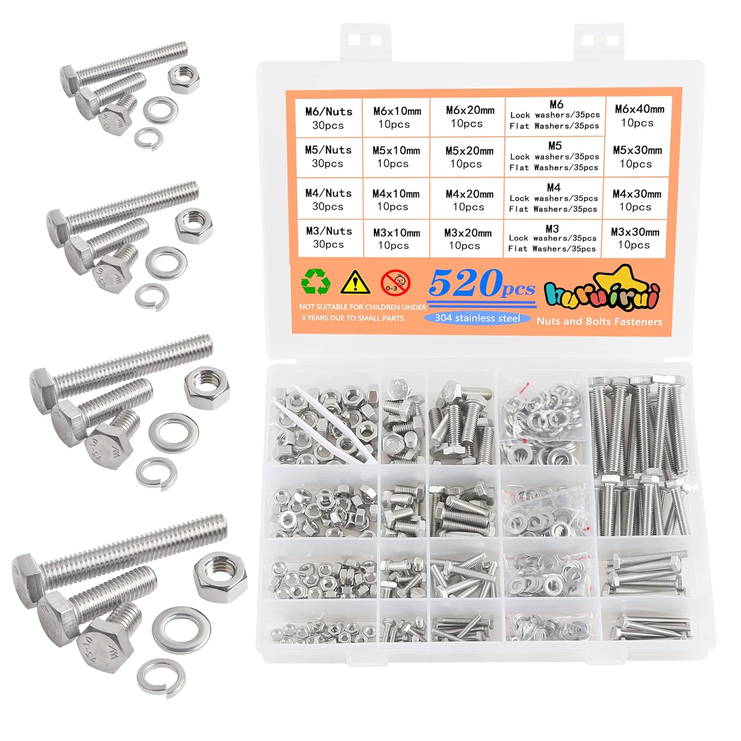 520pcs M3 M4 M5 M6 Nuts and Bolts Set 304 Stainless Steel Hex Head