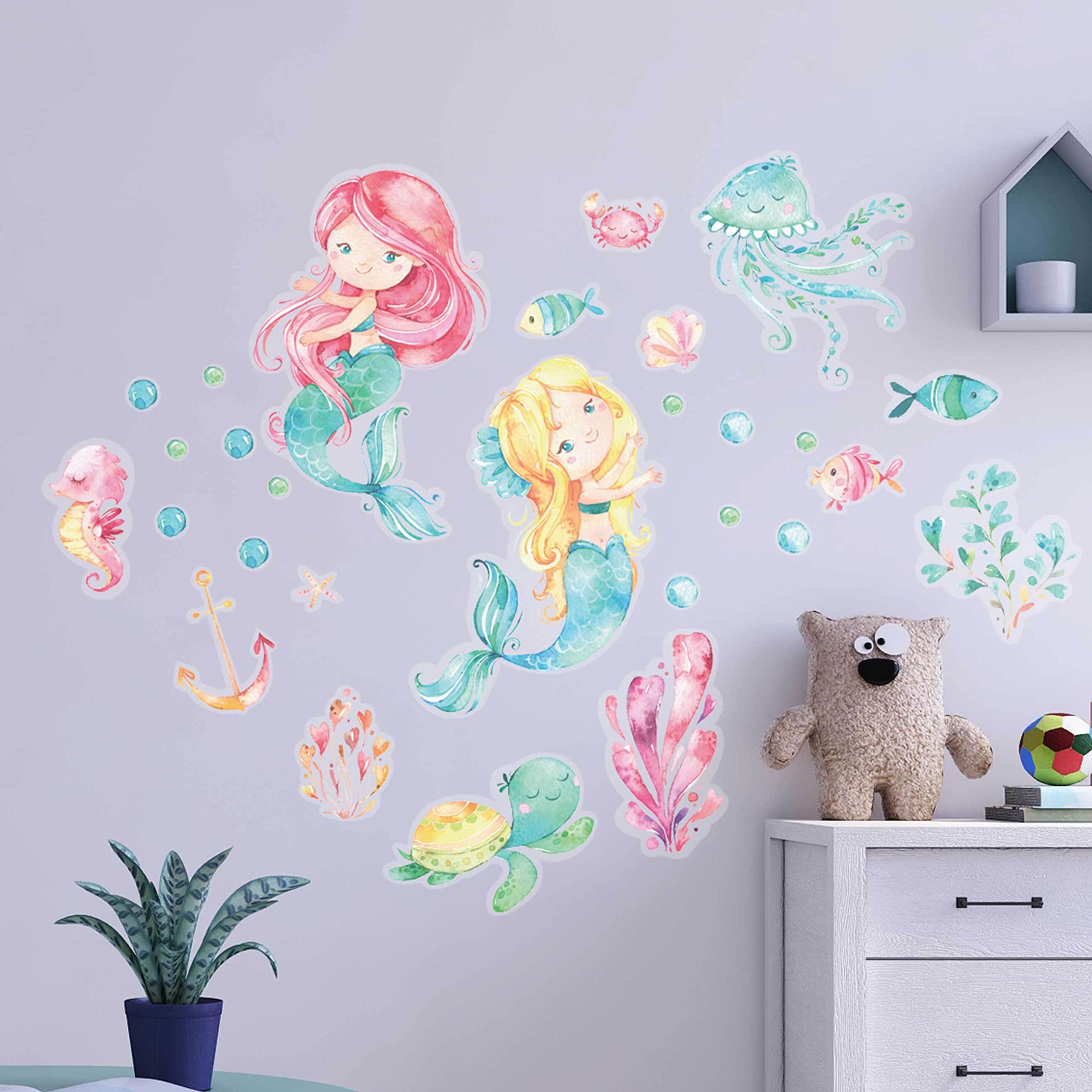 Papierdrachen Wall Tattoos, 8 Sheets with Wall Stickers for Children, Nursery Room Decoration, Mermaid, 22 x 30 cm per Sheet