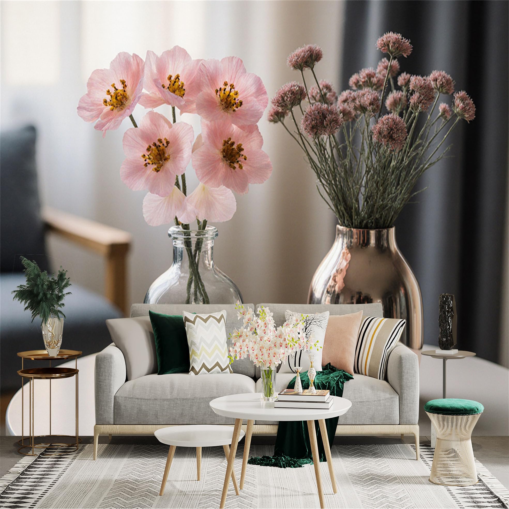 Custom Size Wall Sticker Mural， Pink Wildflowers in Glass Vase， Decorative Floral Art， Minimalist Home Decor， for wall Decoration， peelandstick wall Decals.