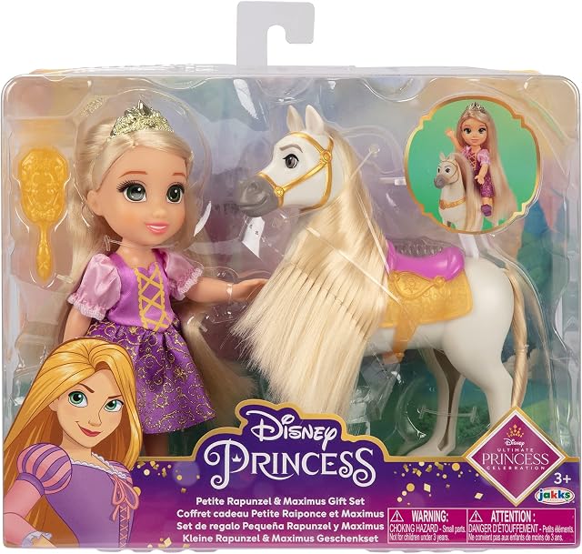 Disney Princess Rapunzel Doll and Maximus Petite Gift Set, 6 / 15cm Tall Rapunzel in Iconic Purple Dress, Hair Brush Included for Added Play, Ideal For Ages 3+