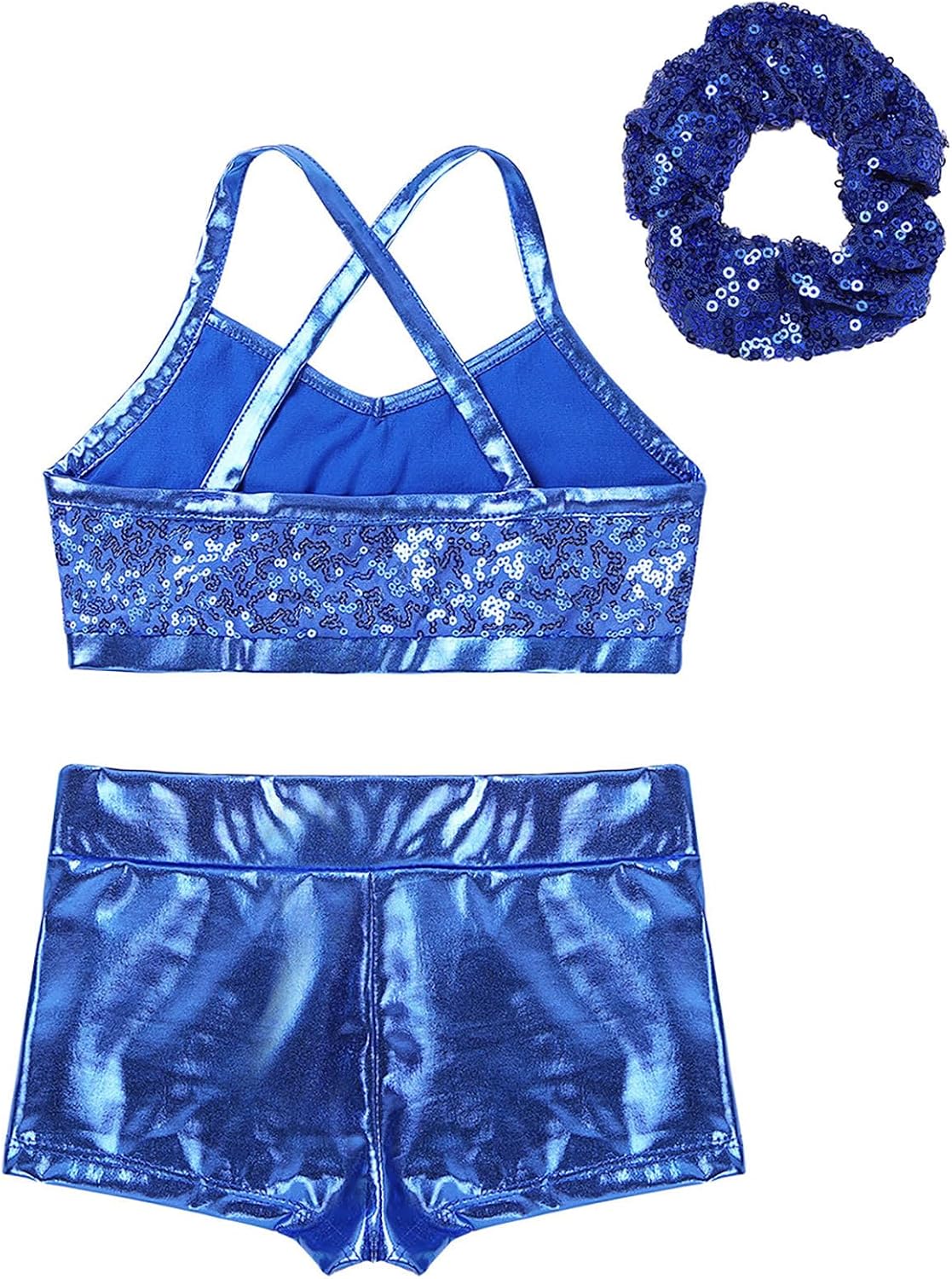 Kids Girls 3Pcs Leotard Tracksuit Sparkle Crop Top with Athletic Shorts Hair Band Outfits Gymnastics Dancewear