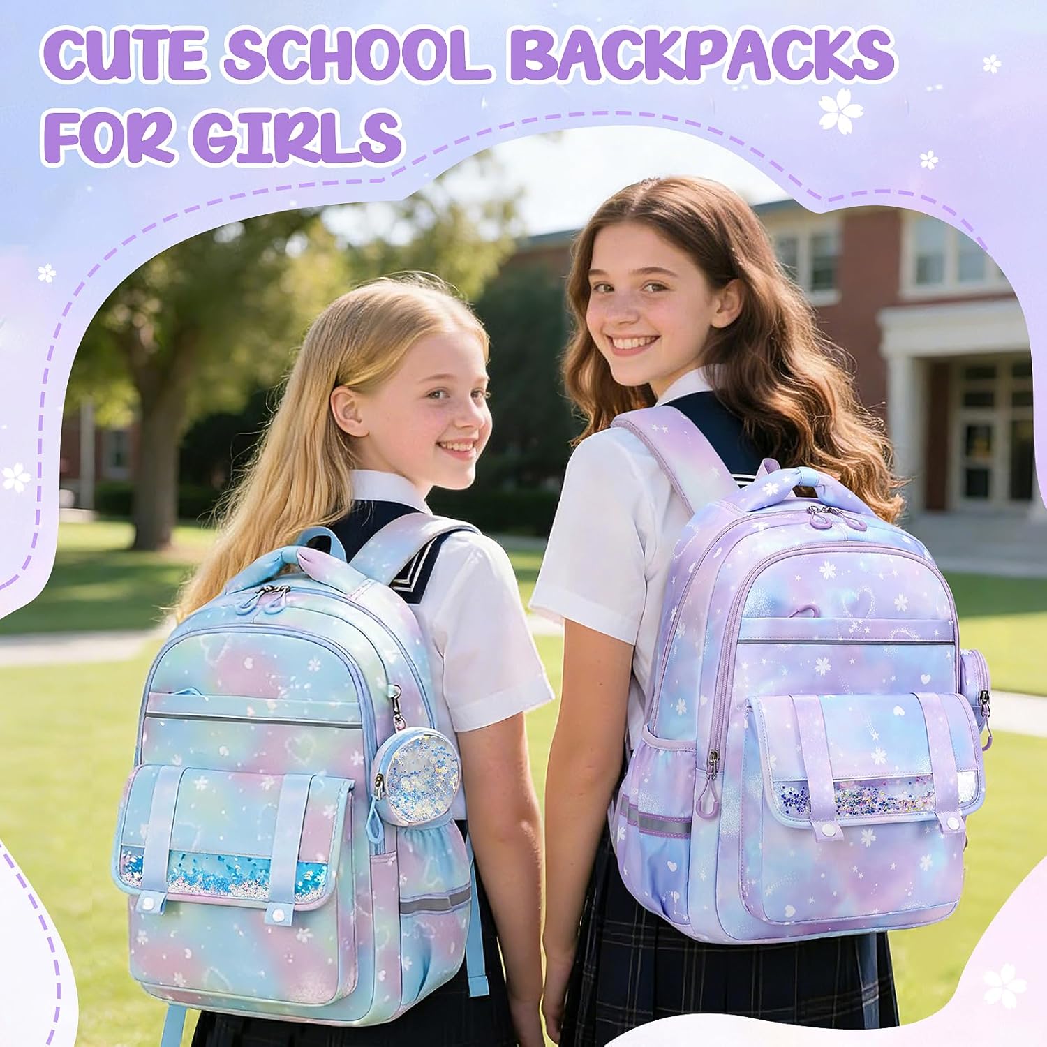 MUSEVOS Kids School Backpacks for Girls: Cute Kawaii Bow Book Bag with Large Lots of Pockets for Elementary Age 6-14 Purple