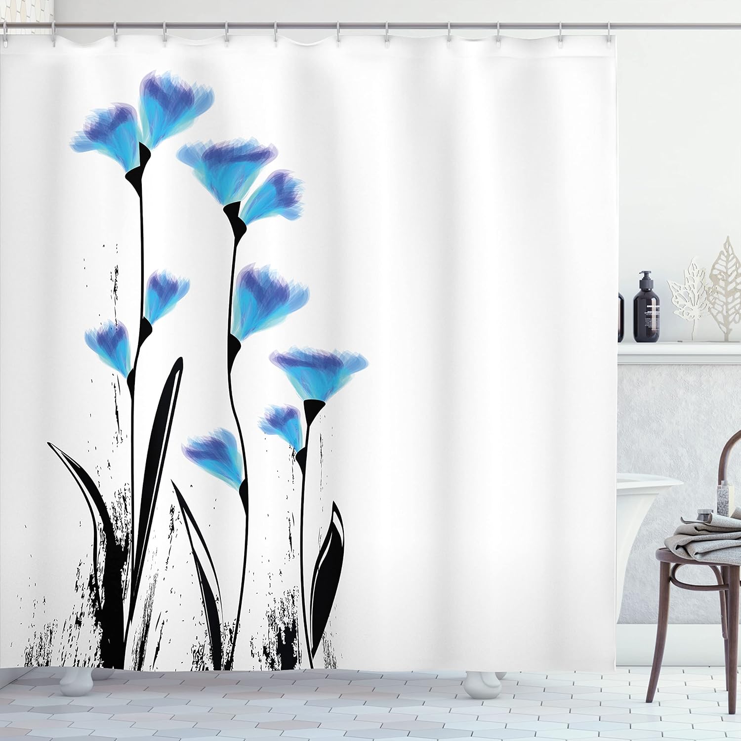 Ambesonne Floral Shower Curtain, Vector Flowers with Turkish Ottoman Tulips in The Ombre Style and Watercolored Image of an Artwork, Fabric Bathroom Decor Set with Hooks, 69" W x 75" L, Charcoal Blue