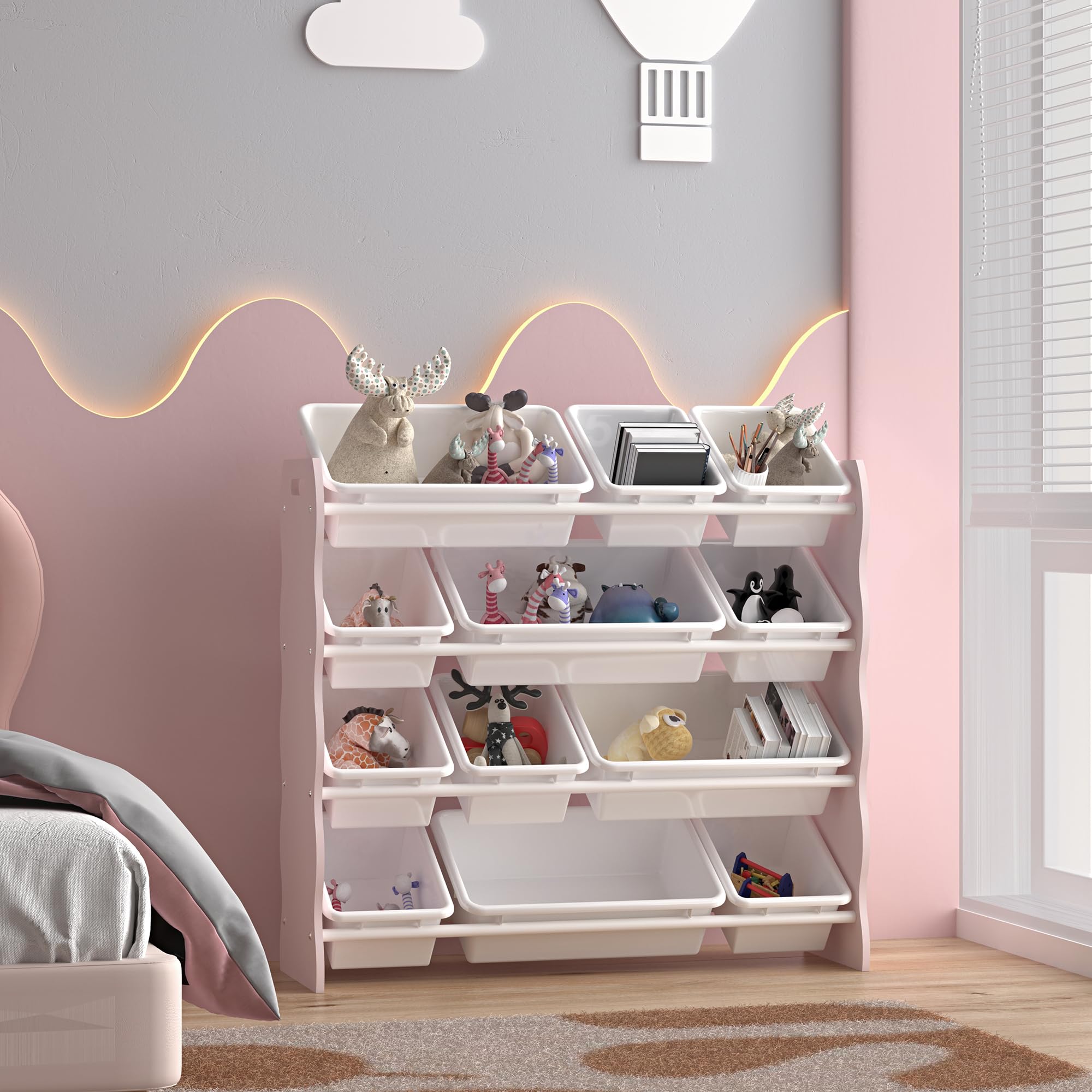 [en.casa] Kinderregal Vestnes mit 12 Aufbewahrungsboxen Spielzeugregal mit Wellendesign Spielregal Kinderzimmer Organizer Cotton Candy/Weiß
