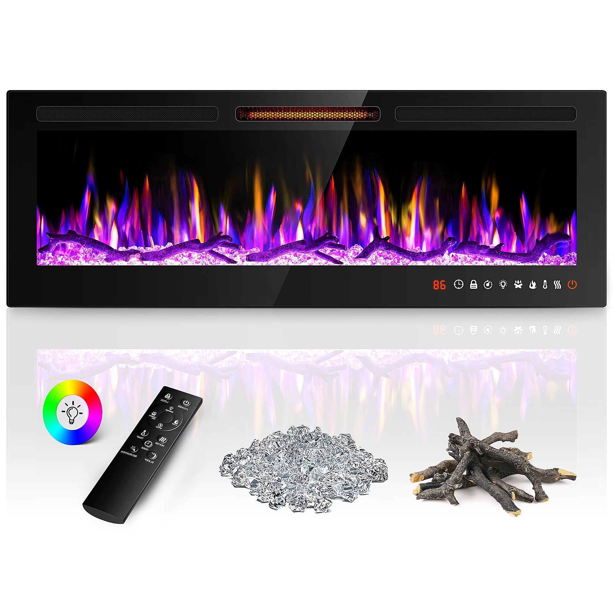 Riseon 50'' Electric Fireplace Heater, Recessed and Wall Mounted Freestanding Linear Fireplace, Ultra-Thin Wall Fireplace with 13 Adjustable Flame Color and 5 Brightness, Remote Control, 1500/750W