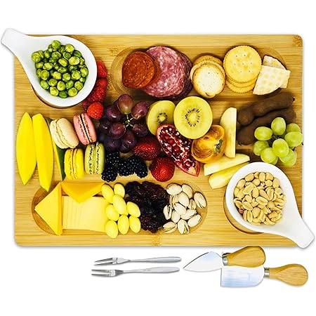 PandPal Bamboo Cheese Board with Knife & Fork Set, Wood Charcuterie Platter & Food Serving Tray for Wine Glasses, Bowls, House Warming Gift, Misoph Collection