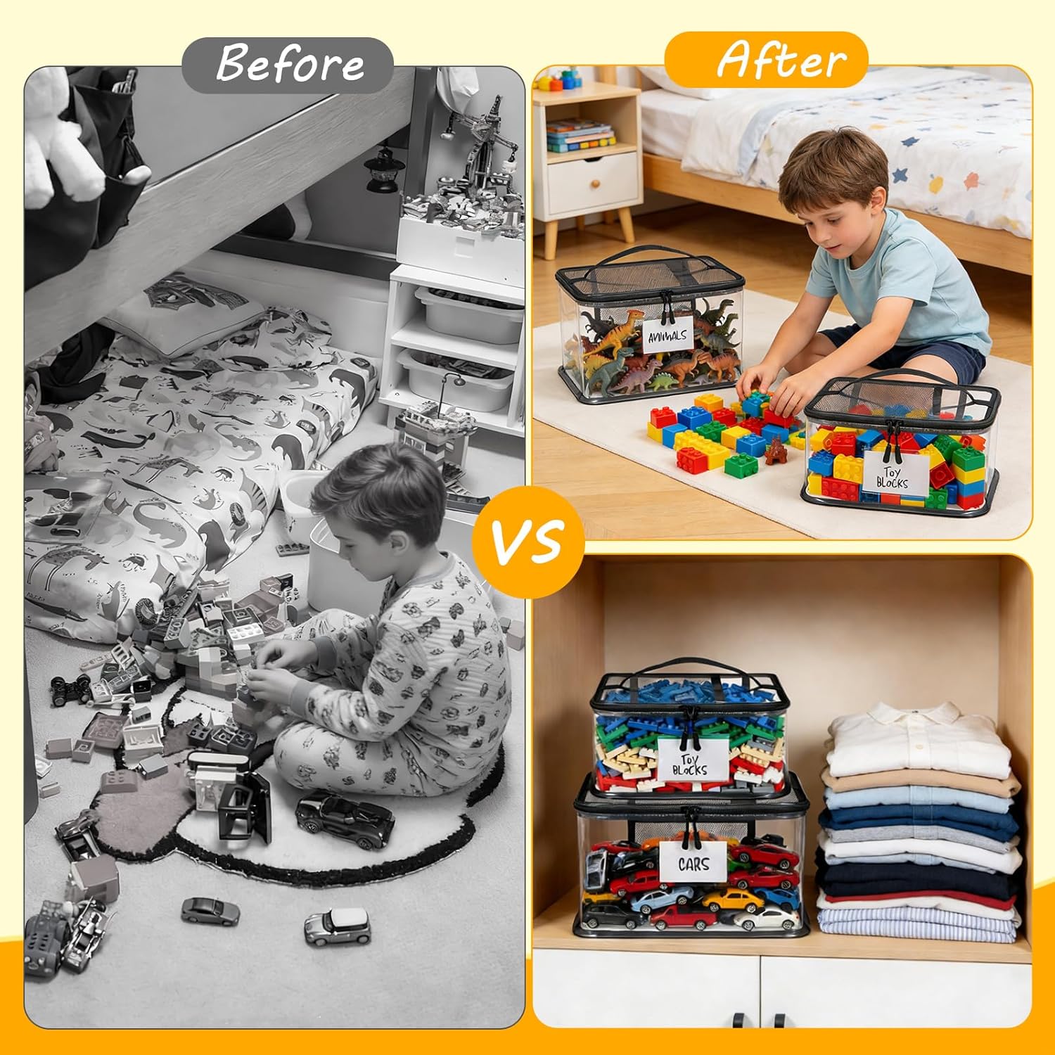 6 Pack Large Toy Storage Bags, Clear Toy Organizer with Labels, Waterproof PVC Toy Organization and Storage for Building Blocks, Puzzles, Dolls and Board Games, for Kids Ages 3+