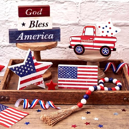 Yousoontic 7 Pcs 4th of July Tiered Tray Decor Set,