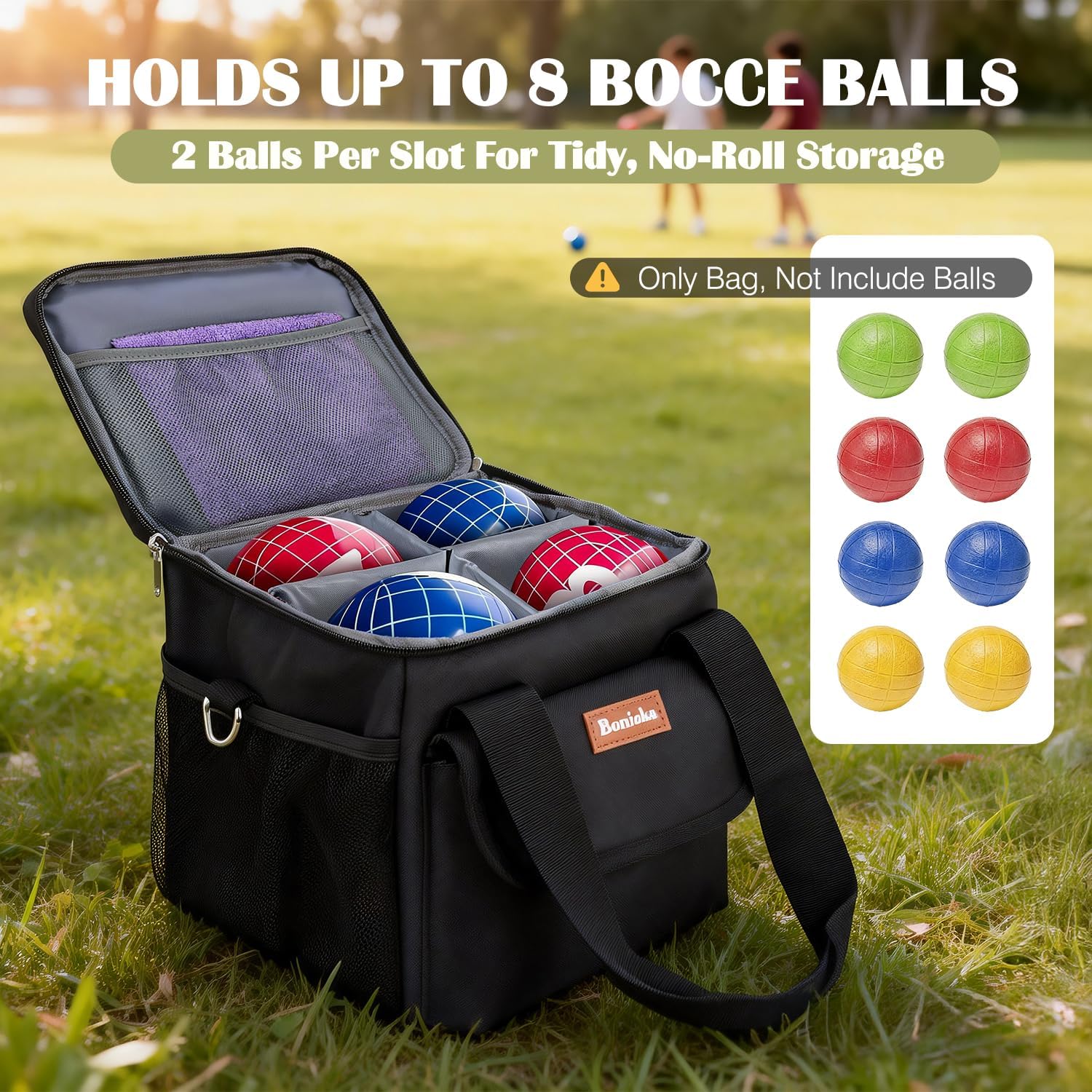 Bocce Ball Bag for 8 Balls, Bocce Ball Set Carrying Case with Removable Dividers, Padded Bocce Storage Bag with Shoulder Strap & Mesh Pockets for Lawn Games, Black (Bag Only)