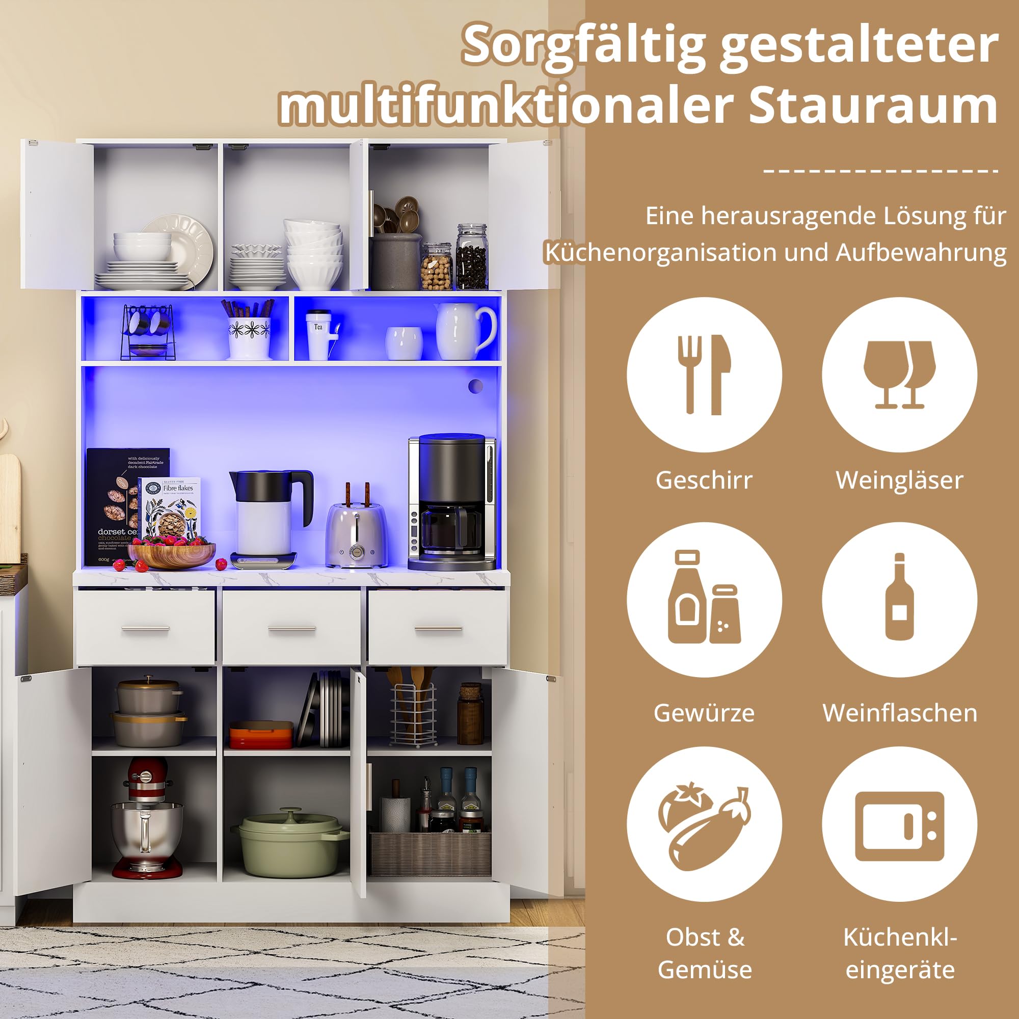 Kayan Küchenschrank Buffetschrank mit LED Sideboard für Küche mit Steckdosenleiste Küchenschrank mit Arbeitsplatte und 3 Schubladen Küchenbuffet mit Verstellbares Regal, 180x100x40 cm (Weiß)