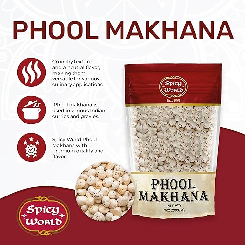 Miniatura 2 de Spicy World Phool Makhana (nuez de zorro, semillas de raíz de loto reventadas, semillas de lirio de agua reventadas), 7.05 oz (7 onzas) ~ Crudo liso