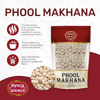 Spicy World Phool Makhana (Fox Nut/Popped Lotus Root Seed/Popped Water Lily Seeds) 200g (7oz) ~ Plain Raw Uncooked | ~ All Natural | Vegan | No Colors | Indian