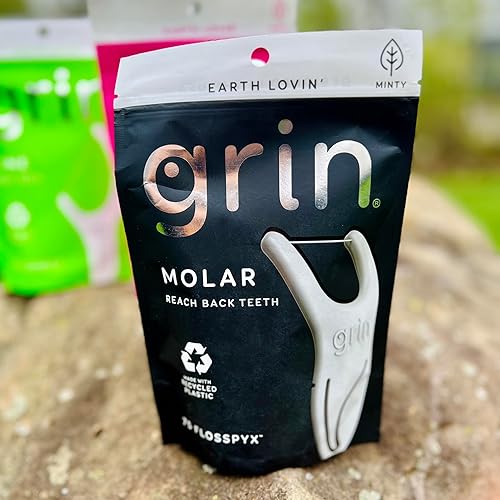 Miniatura 7 de GRIN Molar Flosspyx, púas de hilo dental, 75 unidades, hilo dental, sabor a menta, plástico reciclado, ideal para llegar a los dientes traseros, se