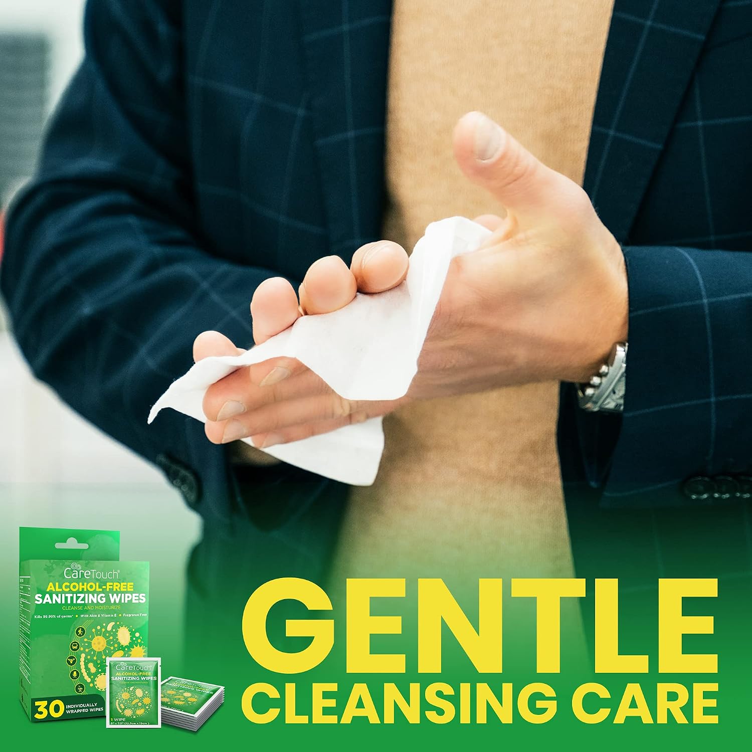 Care Touch Alcohol-Free Hand Sanitizing Wipes, 30 Individually Wrapped Hand Wipes with Vitamin E & Aloe Vera for Babies and Adults - Great for Sensitive Skin and All Skin Types