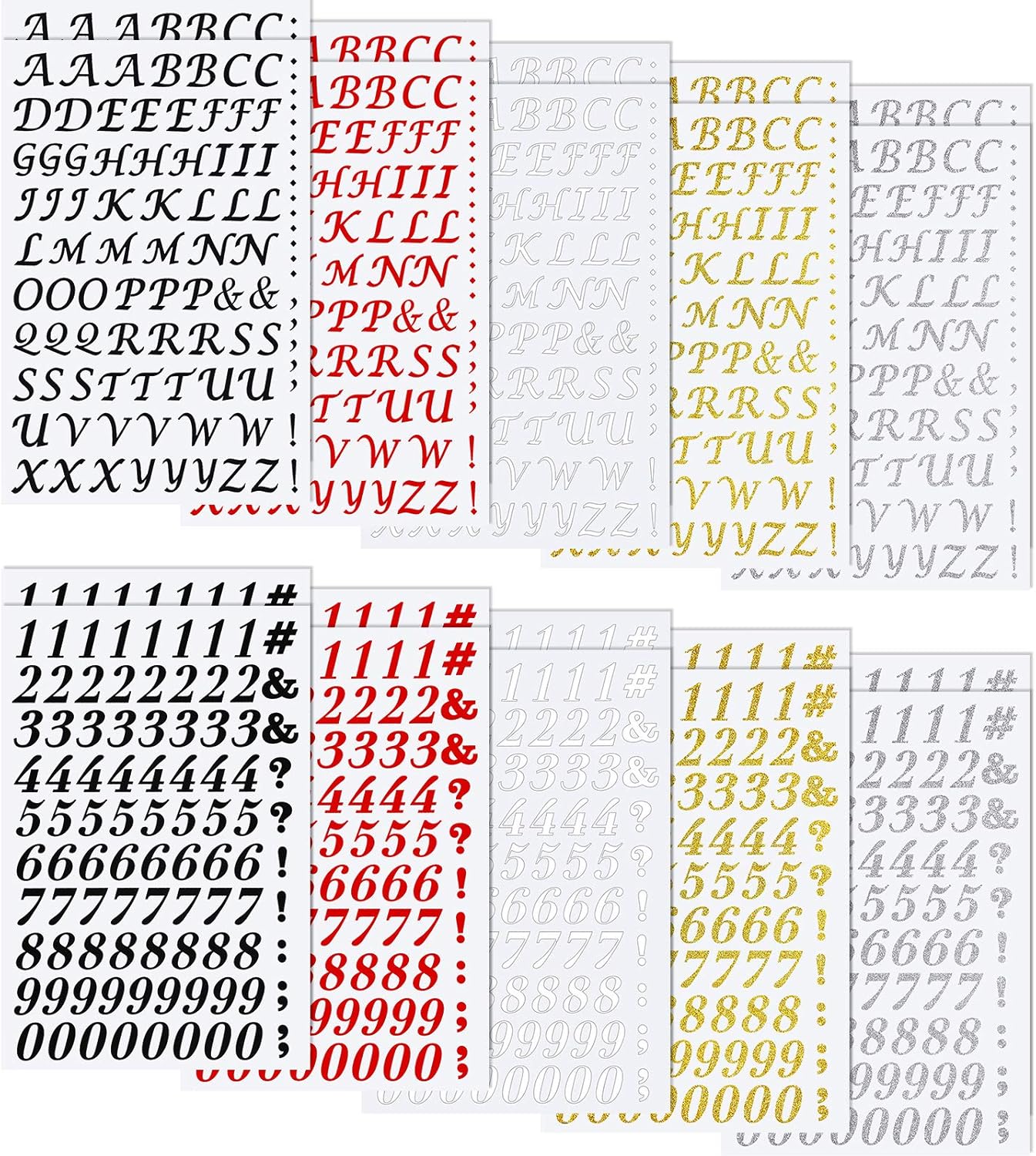 1880 Pcs Iron on Letter and Number 0.75 Inch A-Z Heat Transfer Letter Number 20 Sheet Adhesive 0-9 Alphabet DIY Fabric Vinyl for Clothing Printing Decor(Black, White, Silver, Gold, Red)